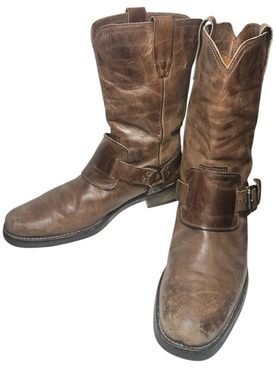 John Varvatos Men’s Size 9.5 Brown Rugged Leather Harness Pull On Biker Boots - Picture 2 of 11